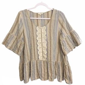 Easel Cream and Gray Striped Tunic with Lace